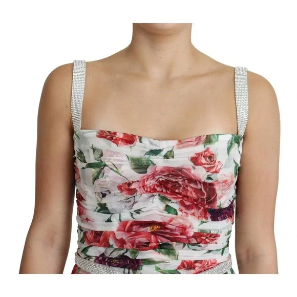 DOLCE & GABBANA White Peony Print Crystals Chiffon Midi Dress - Picture 3 of 5